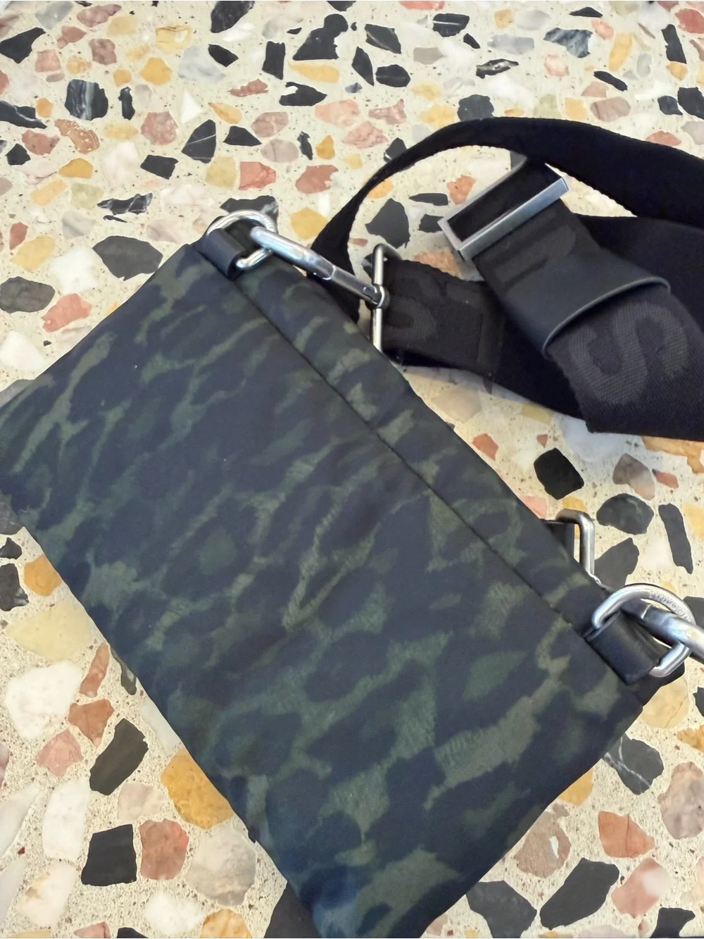 AllSaints Green Camo Crossbody Bag with Black Strap